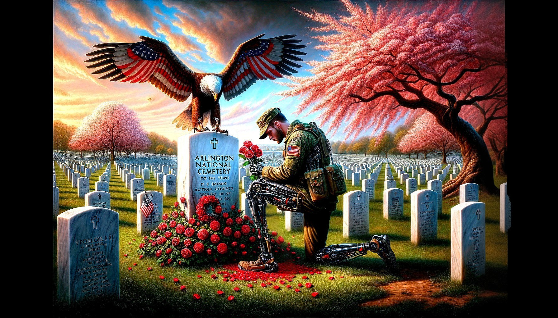 Soldier at Arlington Cemetery with Eagle and Roses