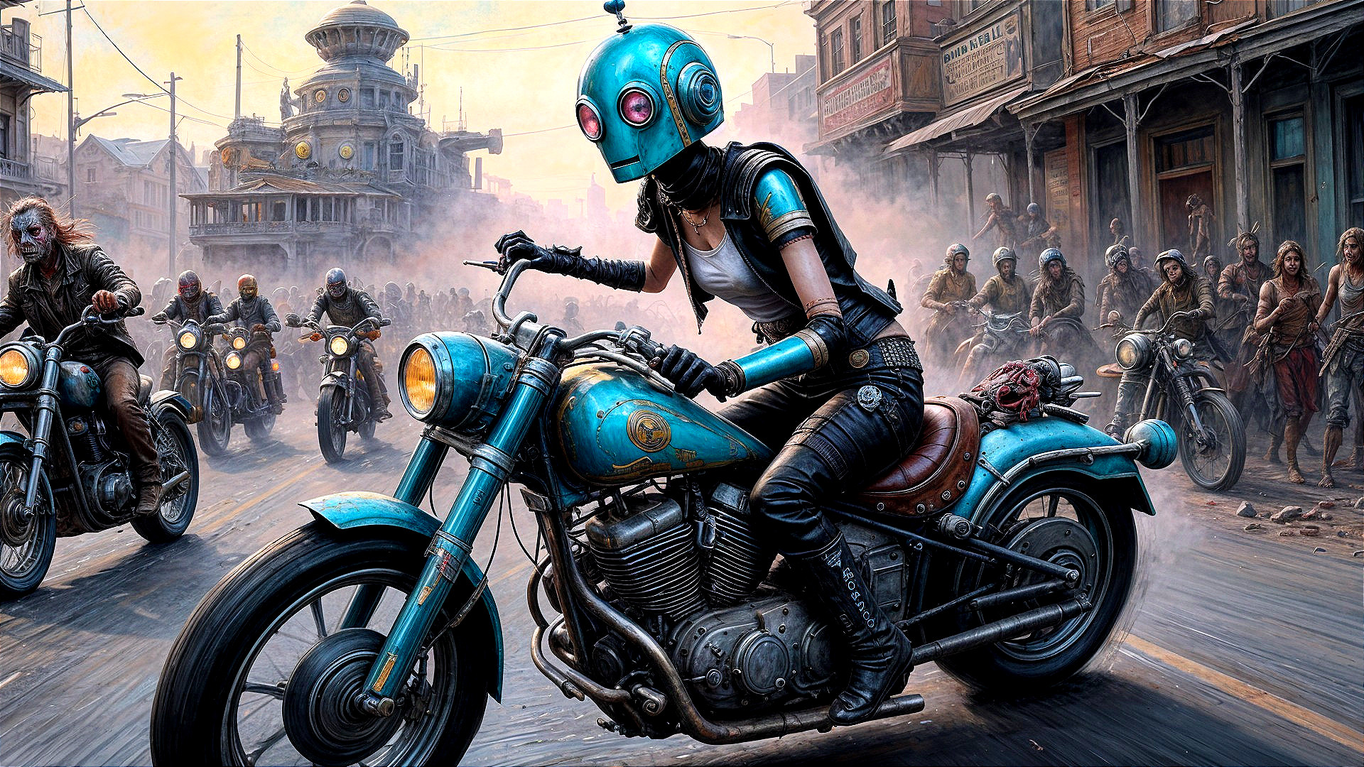 Post-Apocalyptic Street Scene with Biker Gang and Sunset