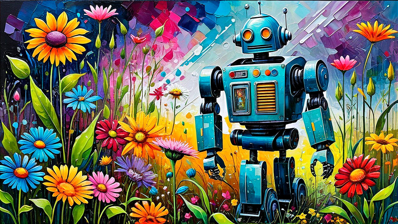 Colorful Robot in Vibrant Flower Meadow Scene