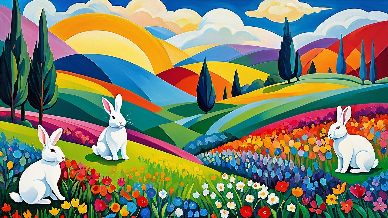 Colorful Landscape with Flowers and White Rabbits