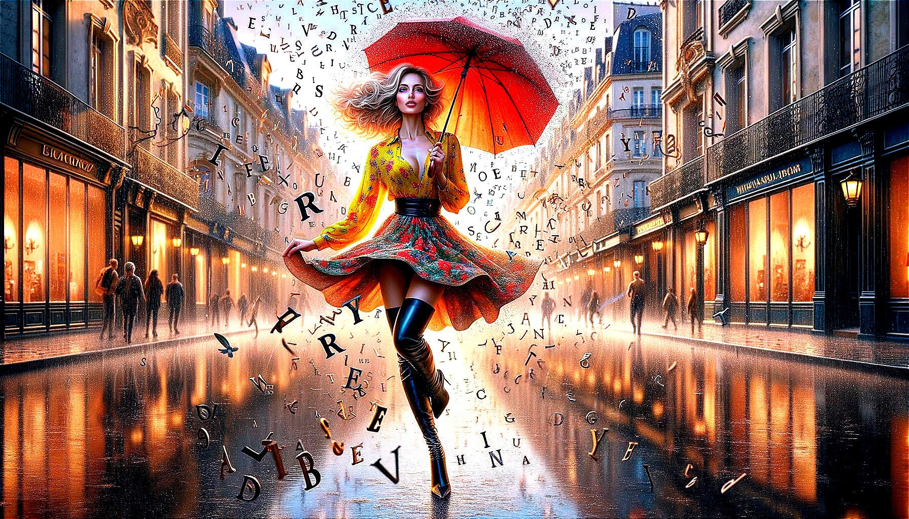 Woman in yellow dress twirls with red umbrella on street