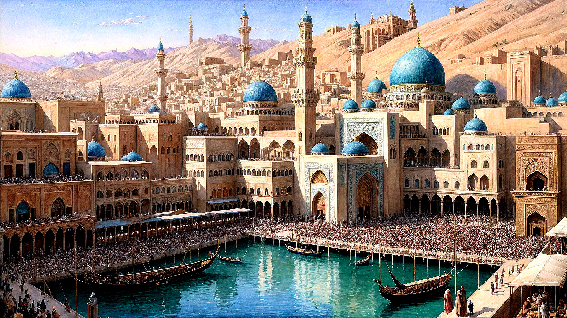 Grand Cityscape with Domes, Minarets, and Waterway