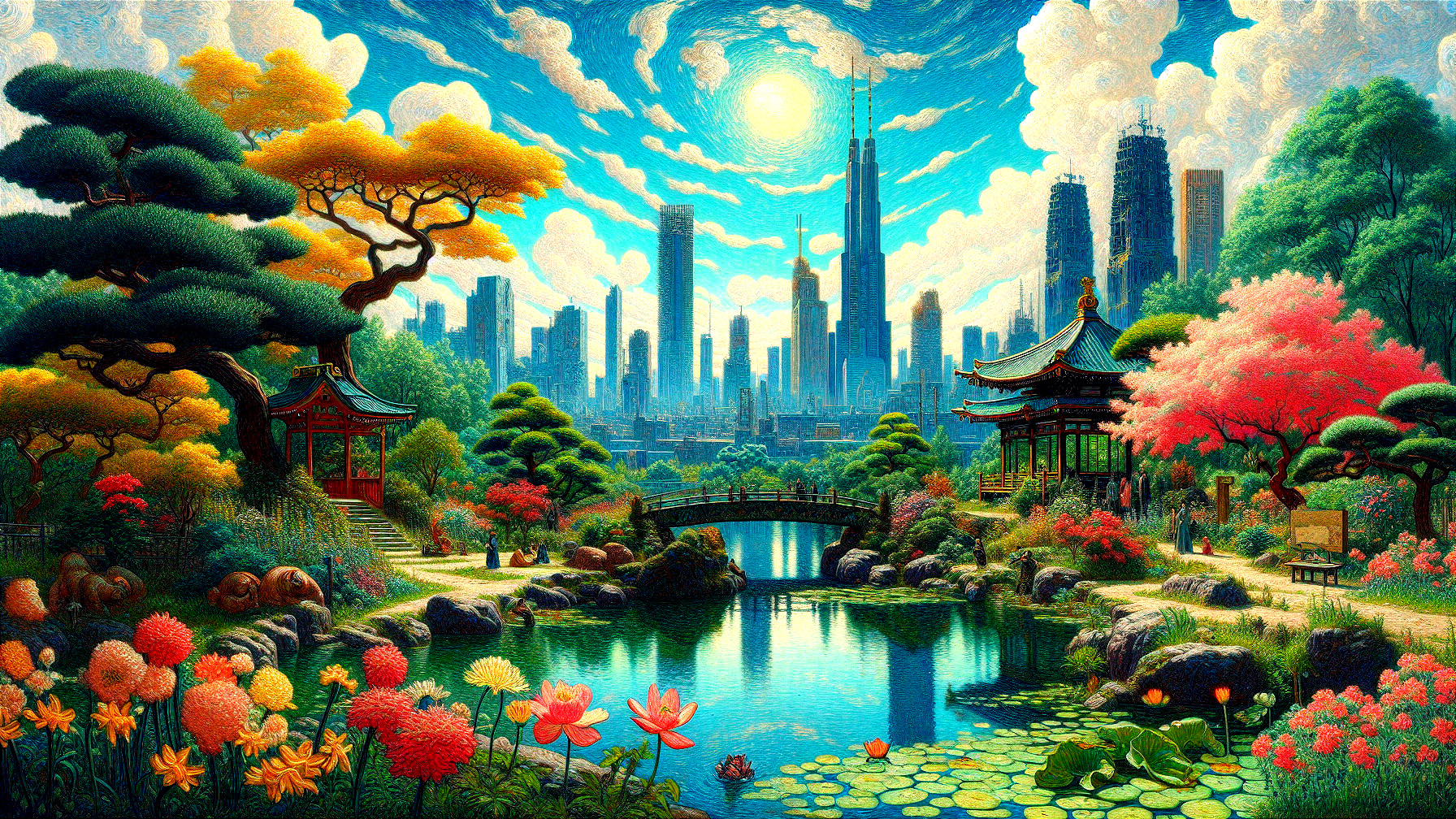 Surreal Garden with Futuristic Cityscape Elements