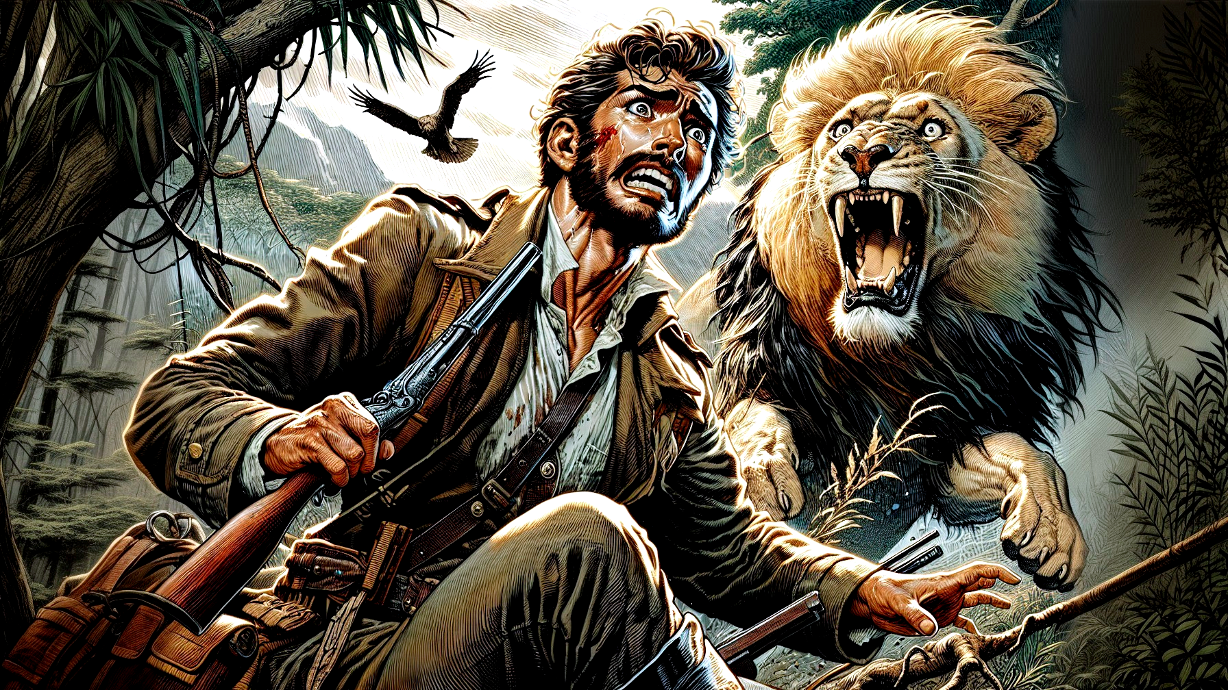 Dramatic Jungle Encounter Between Man and Charging Lion