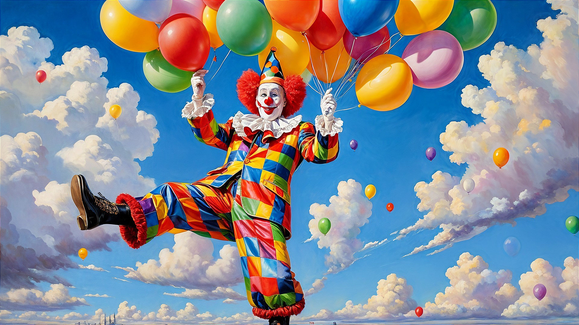 Joyful clown in colorful outfit among fluffy clouds