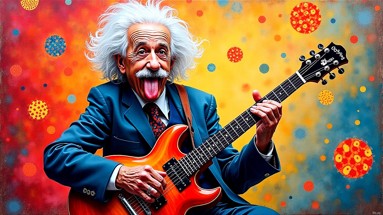 Vibrant Portrait of a Man with White Hair and Guitar