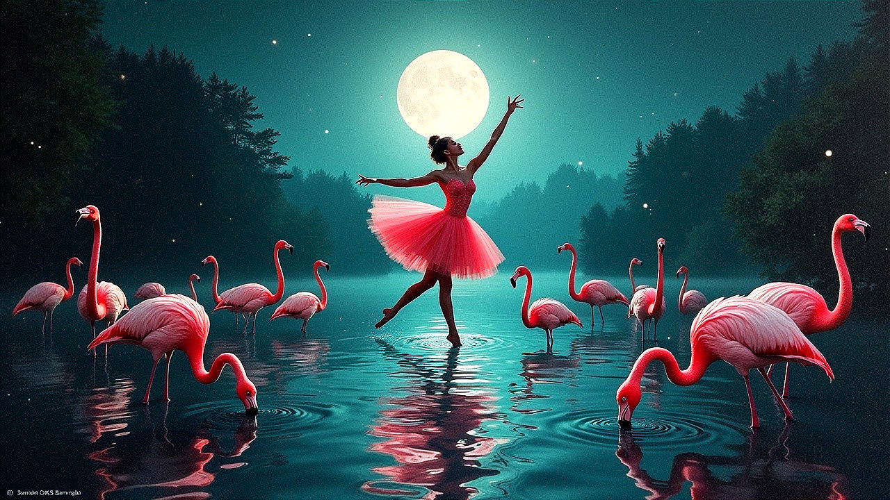 Ballerina Dances Among Flamingos in Moonlit Scene