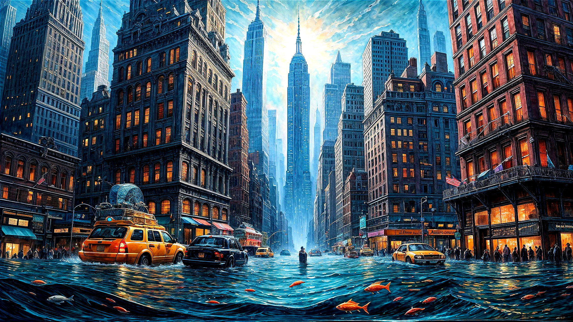 Surreal Flooded Cityscape of New York with Skyscrapers