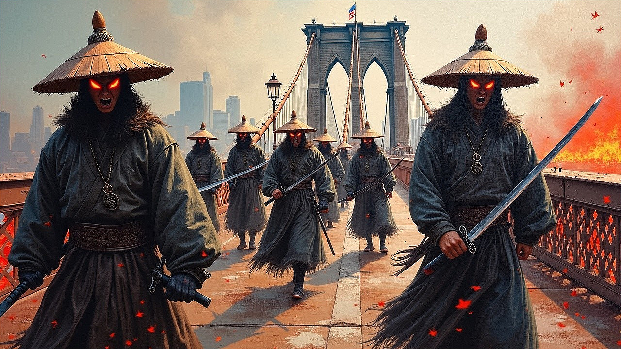 Hooded Figures with Swords on a Bridge in Flames