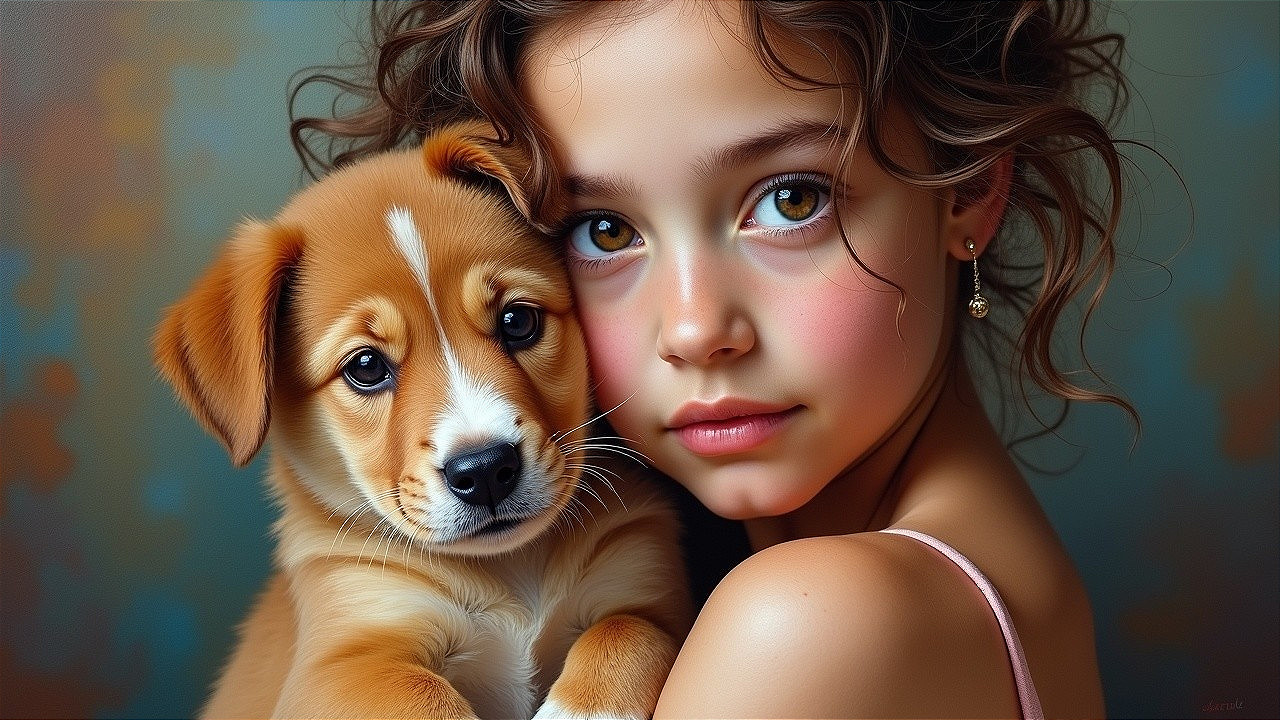 Young girl with puppy in soft pastel setting