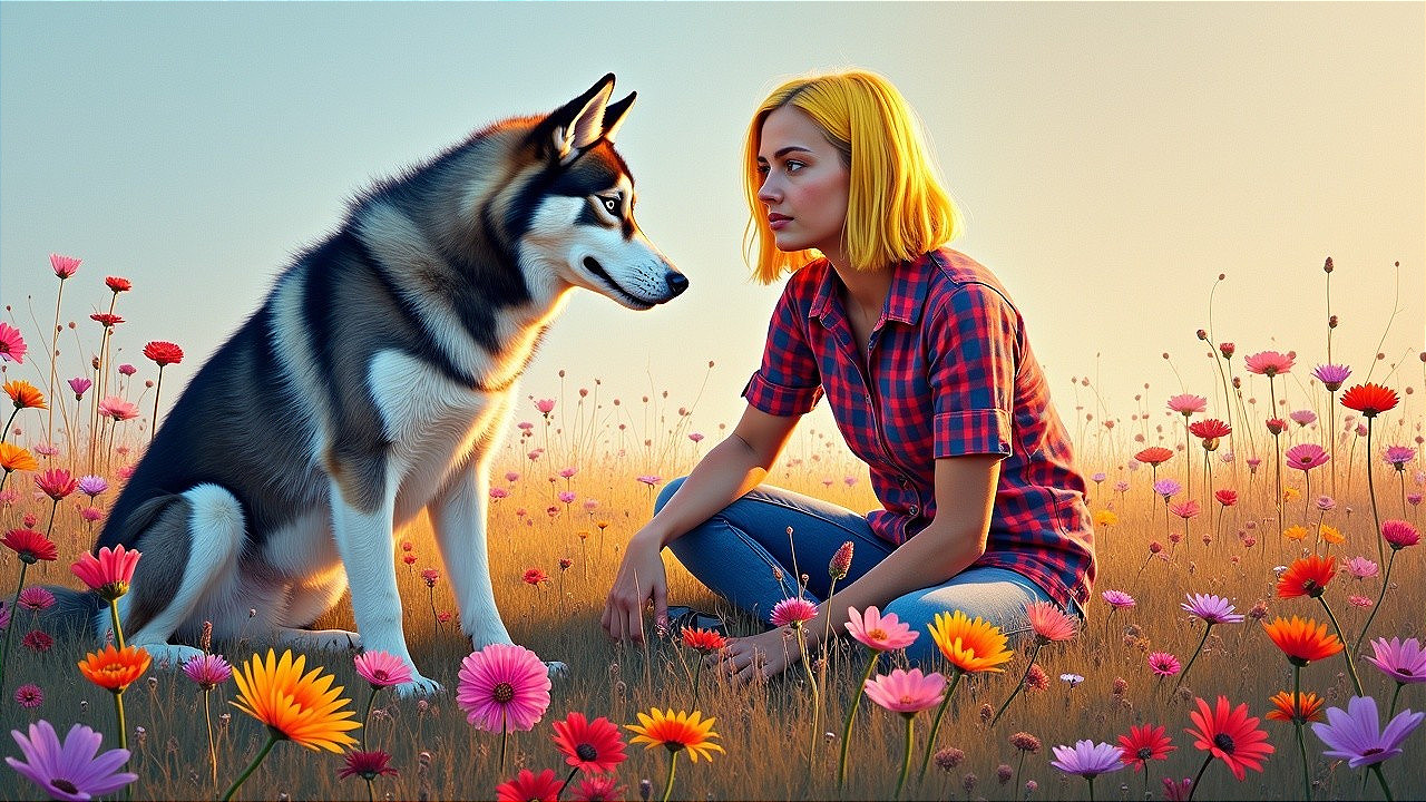 Girl with Yellow Hair and Husky in Flower Field
