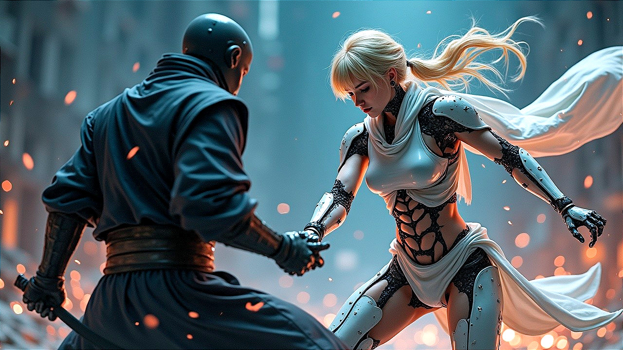 Cybernetic Woman and Cloaked Warrior in Battle Scene