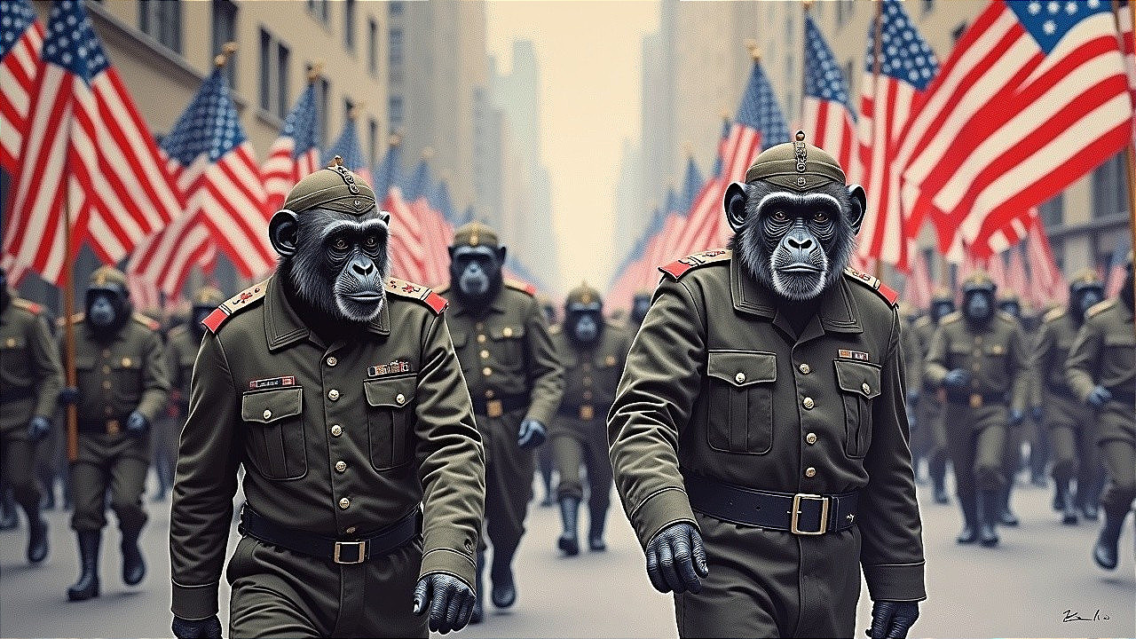 Parade of Soldiers with Monkey Faces in Uniforms