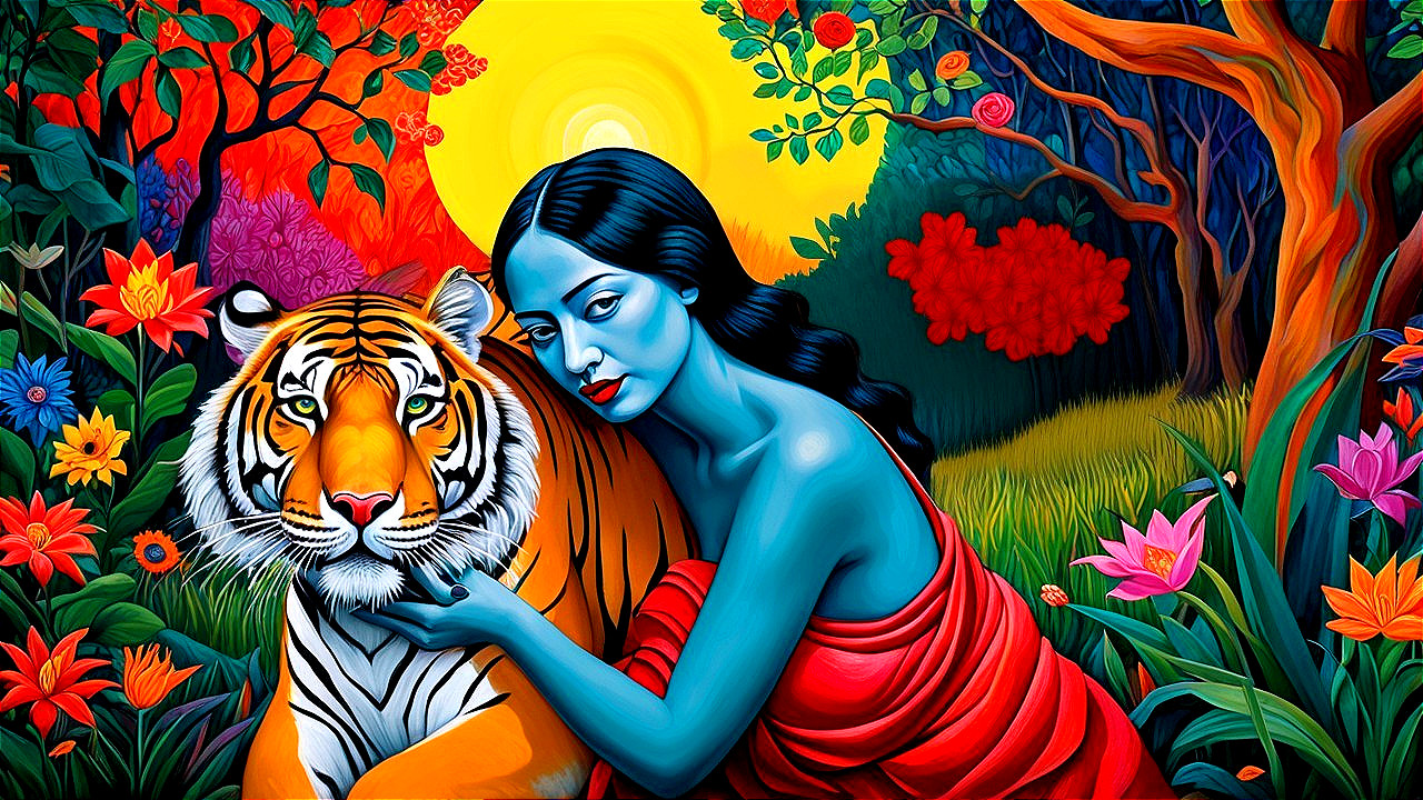 Surreal Scene of Blue-Skinned Woman and Tiger