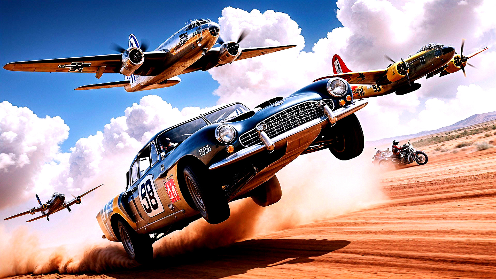 Vintage racing car and classic aircraft in dynamic scene