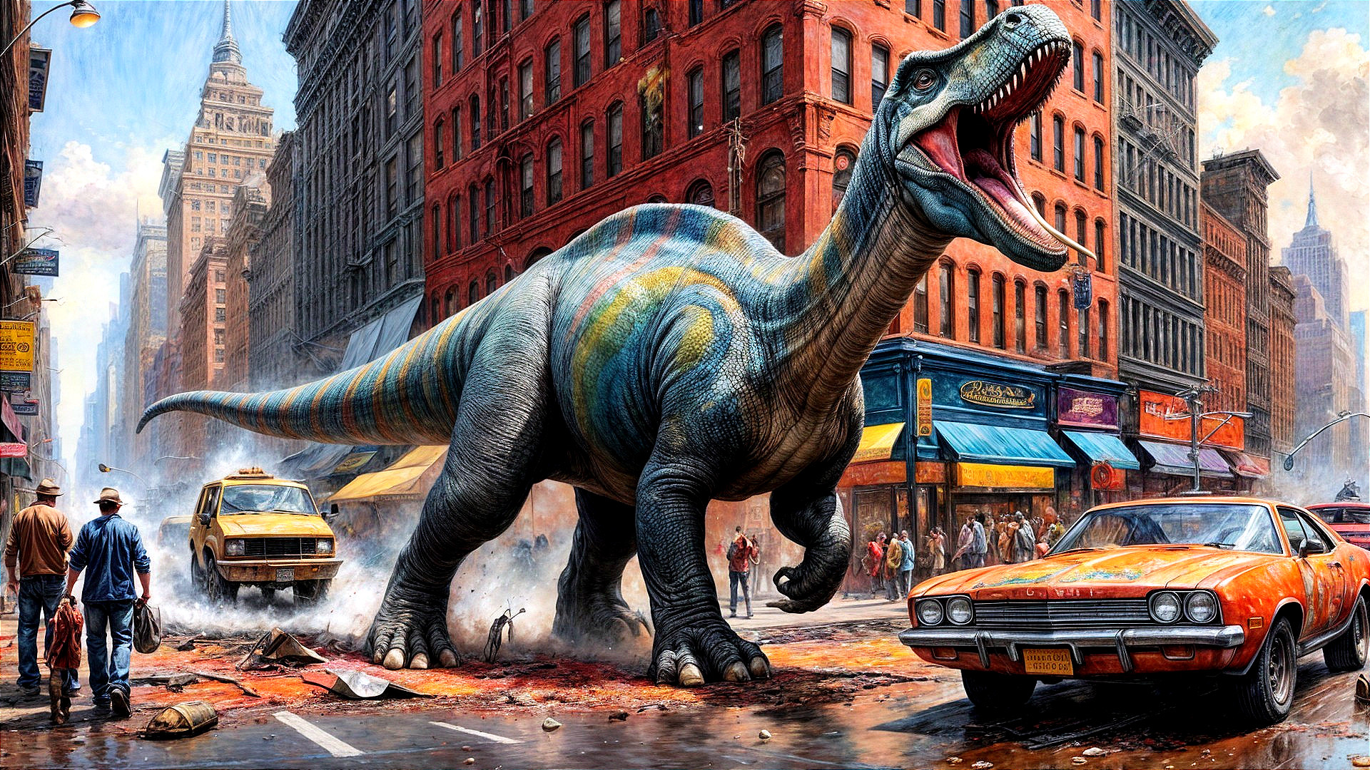Dinosaur Towering Over City Street with Urban Chaos
