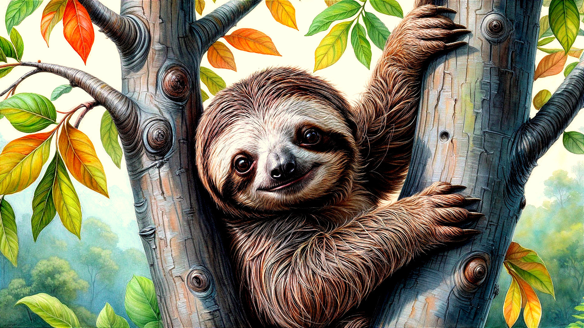 Charming Sloth in a Serene Forest Setting