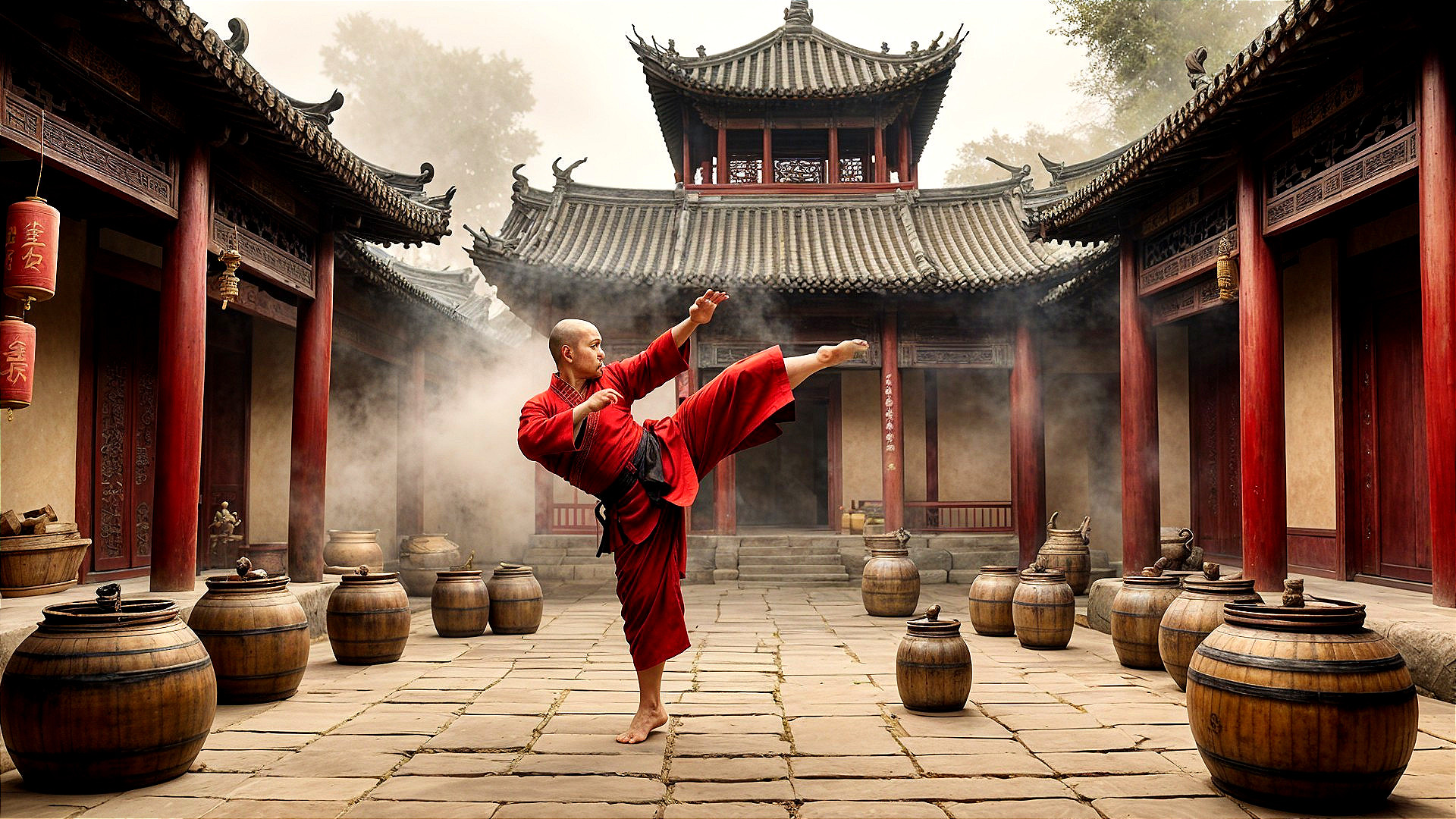 Martial Artist in Red Uniform Performs High Kick in Courtyard
