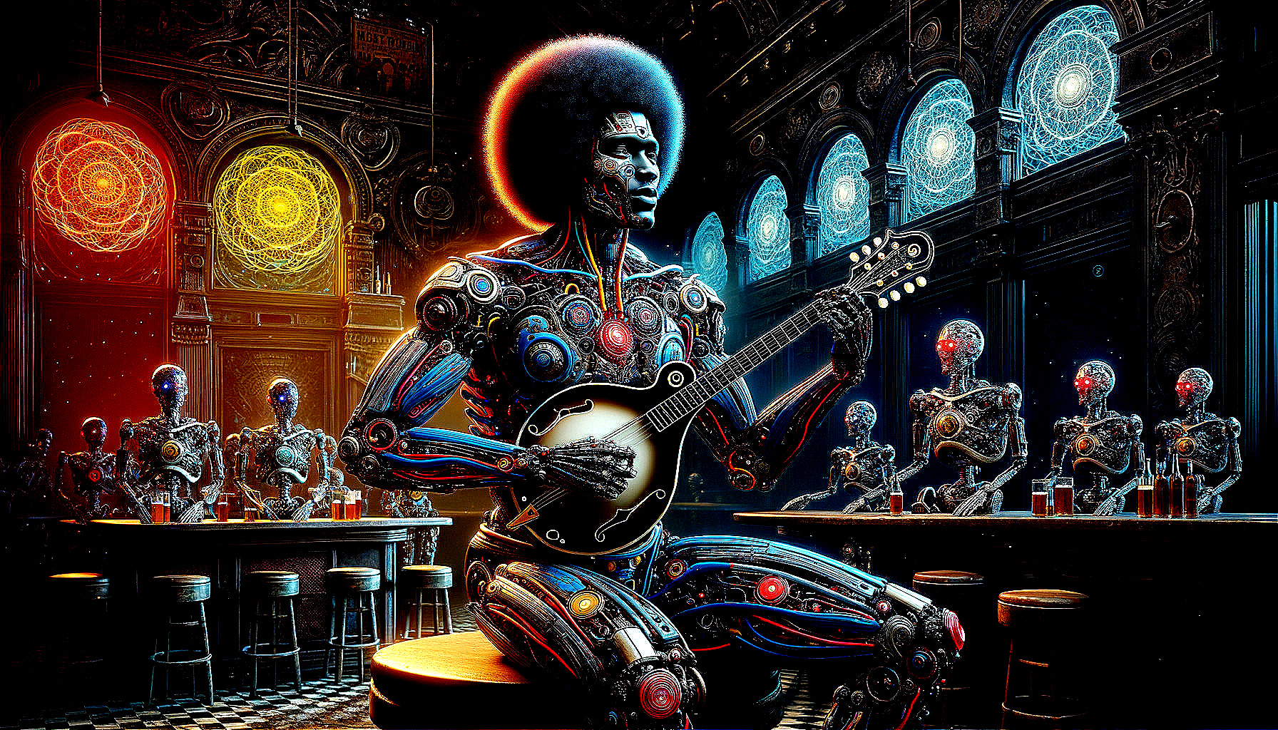 Cybernetic humanoid playing guitar in futuristic neon-lit setting