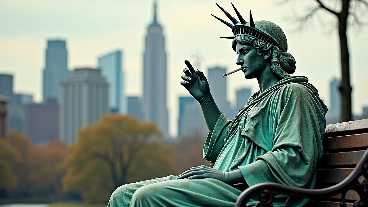 Statue of Liberty on Bench Amid Urban Autumn Scene