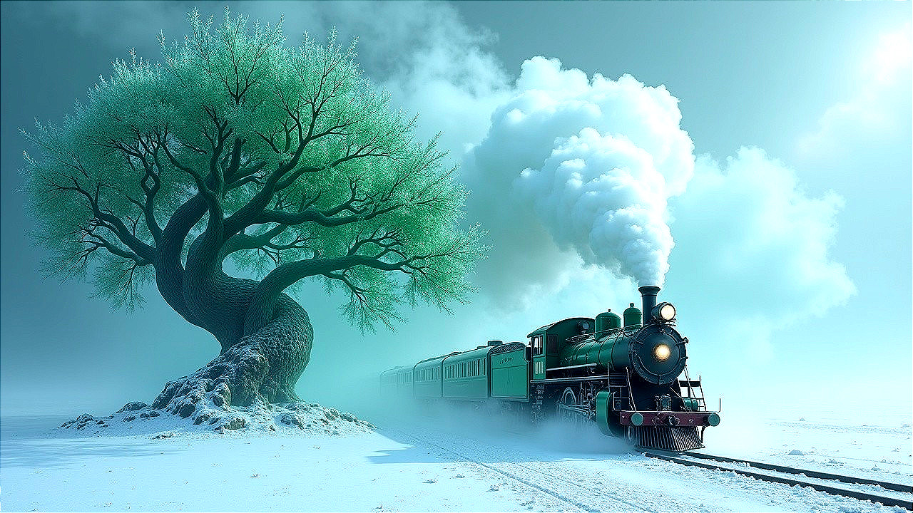 Vintage steam train on snowy track with tree contrast