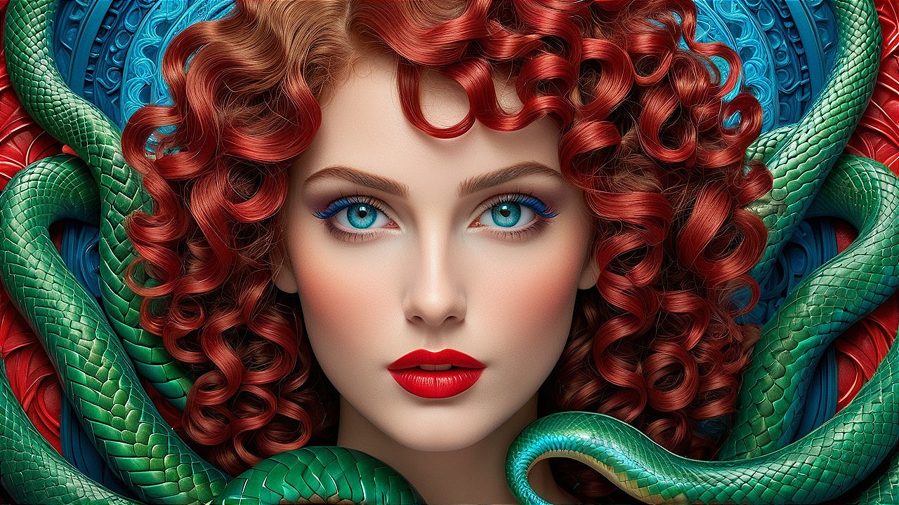 Portrait of a woman with red hair and blue eyes
