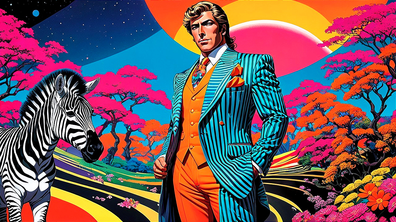 Stylish Man in Striped Suit Against Surreal Landscape