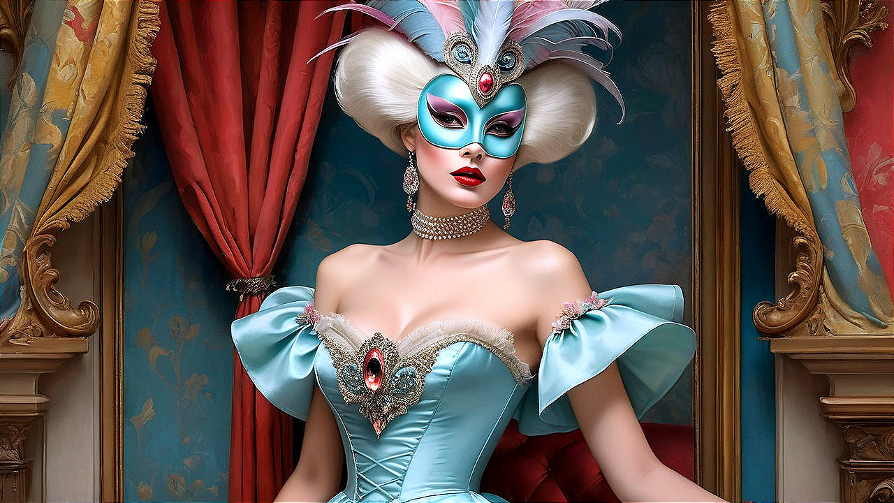 Glamorous Woman in Light Blue Gown with Mask