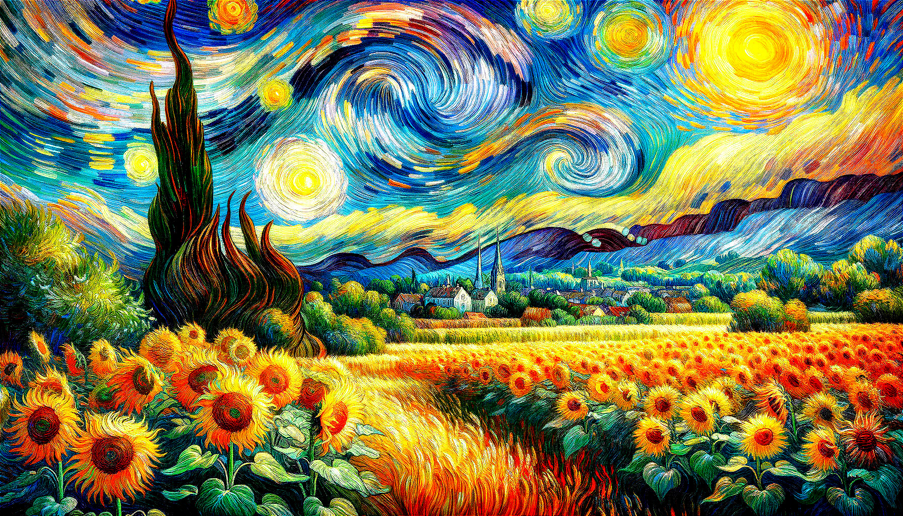 Vibrant Landscape with Swirling Skies and Sunflowers