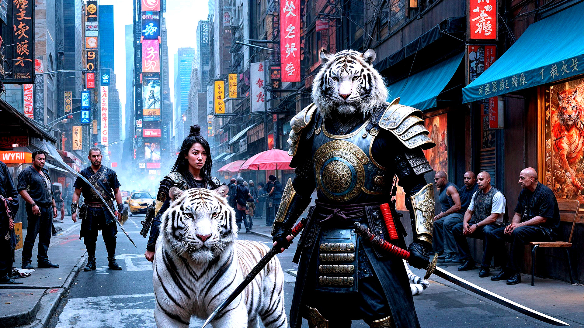 Futuristic city scene with samurai and white tiger