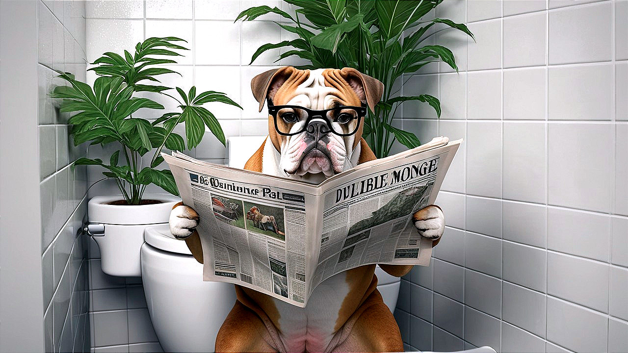 Bulldog in Glasses Reading Newspaper on Toilet