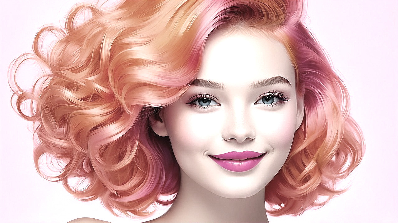 Young woman with pink and peach curls and bright smile