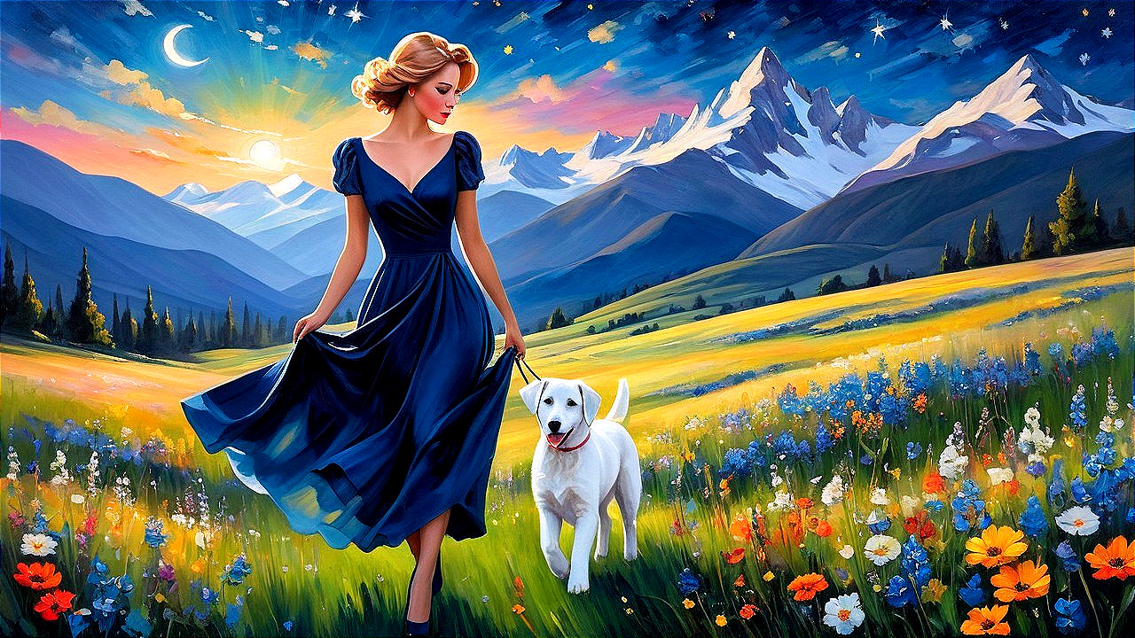 Serene landscape with woman, dog, flowers, and mountains
