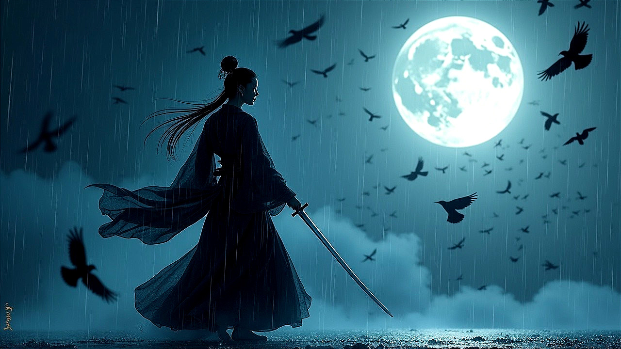Lone Figure with Sword Under Moonlit Rainy Sky