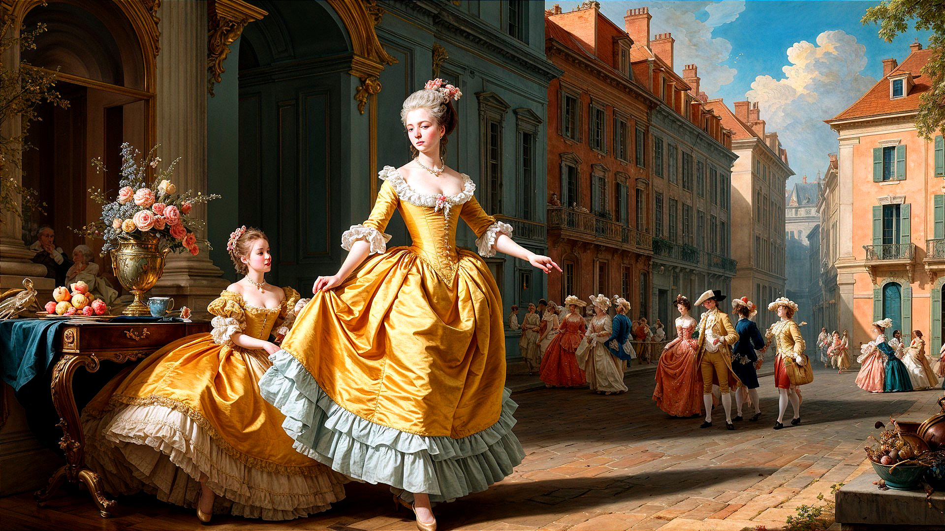 Vibrant 18th-Century Street Scene with Elegant Attire