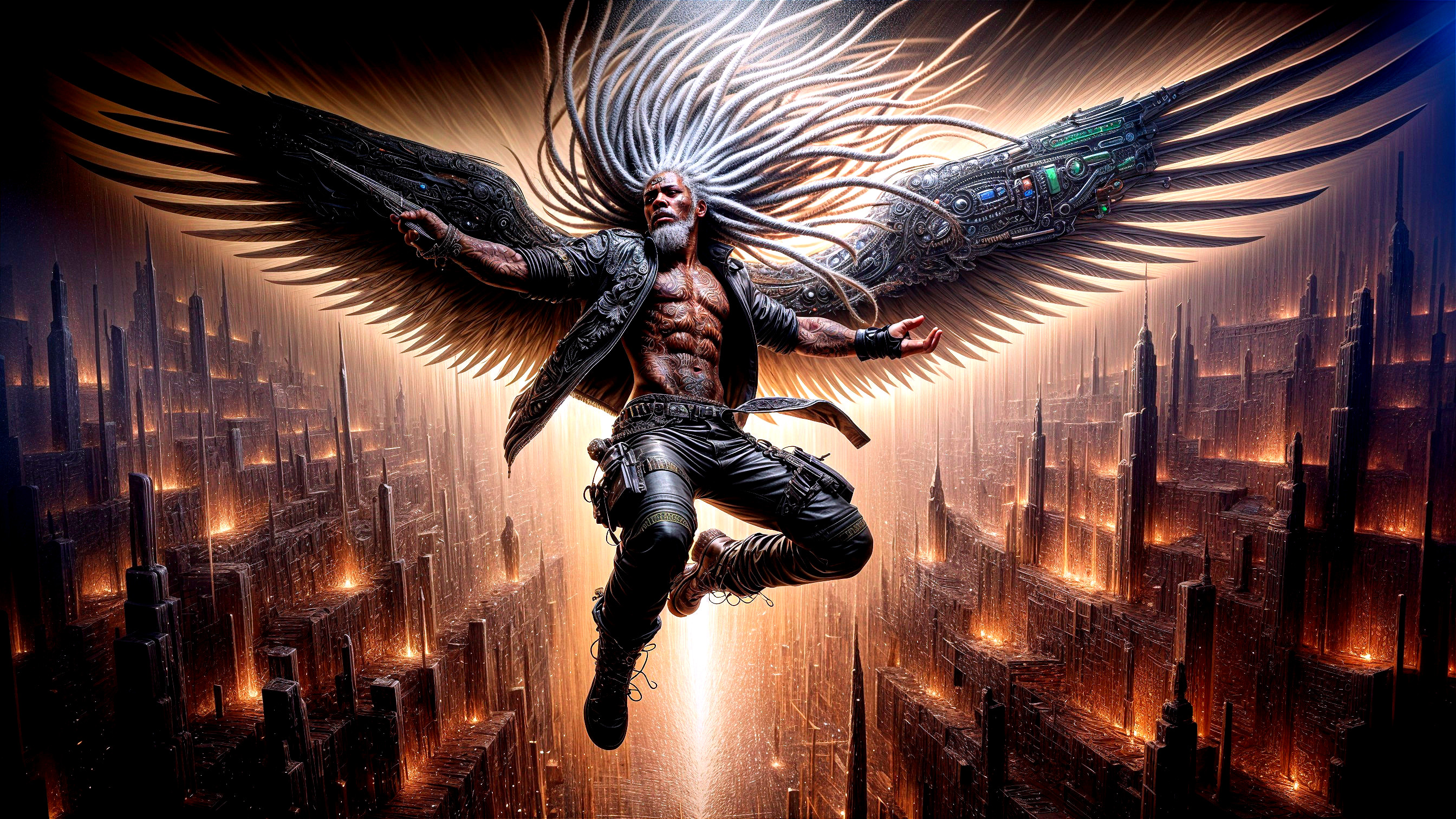 Futuristic figure with cybernetic wings in cityscape