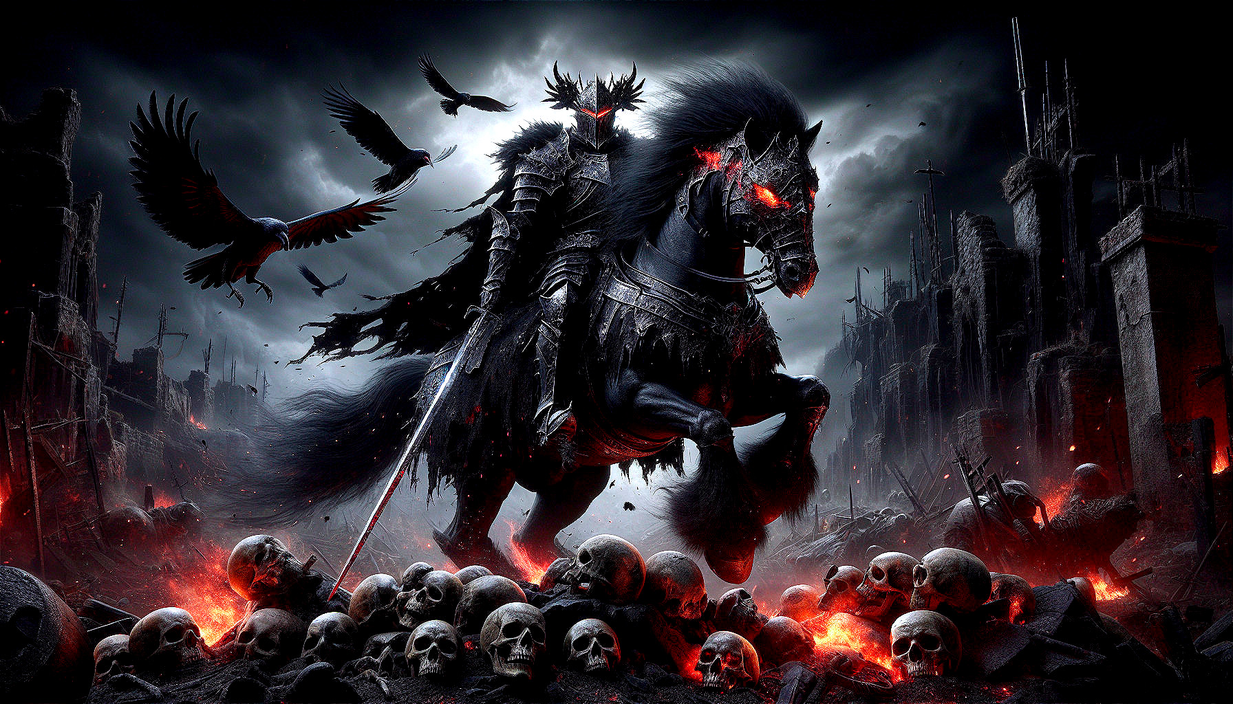 Dark Landscape with Armored Figure and Black Horse