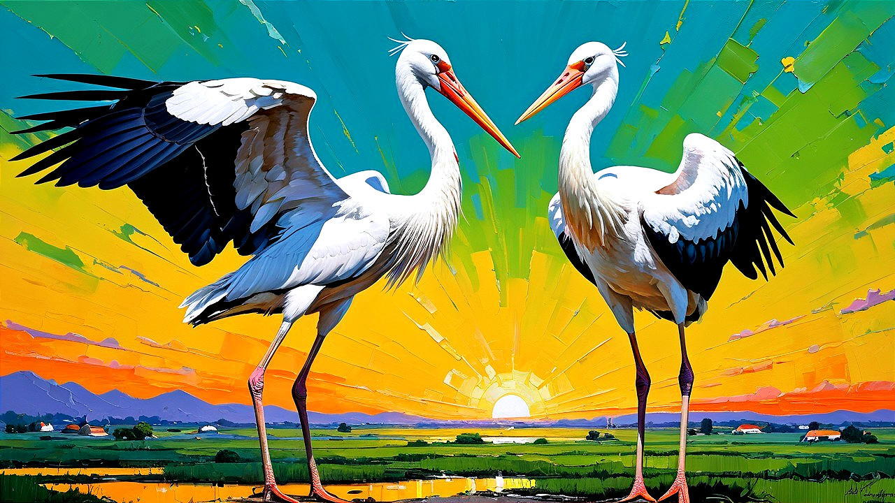 Storks Against a Vibrant Sunset Landscape