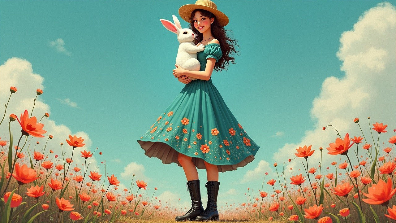 Young Woman in Teal Dress in Flower Field with Rabbit