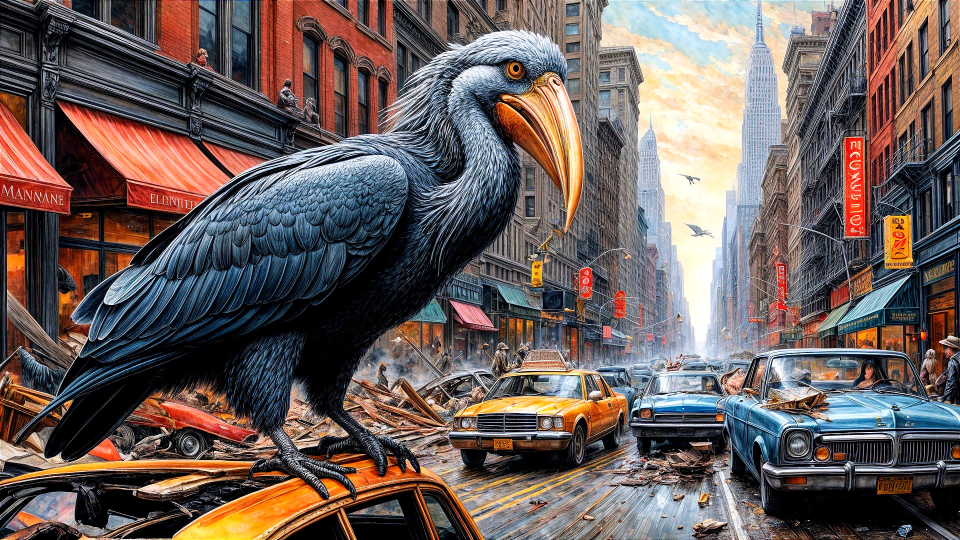 Giant black bird perched on taxi in post-apocalyptic city