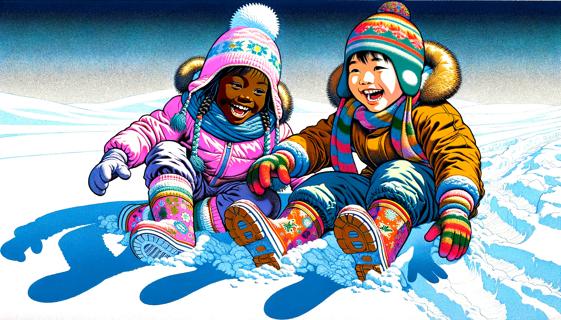 Children Sledding Down a Snowy Hill in Winter Gear