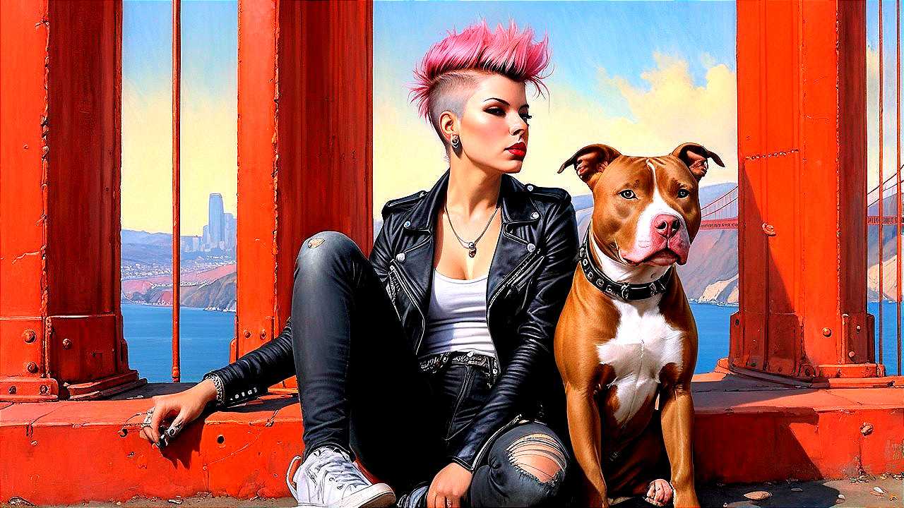 Punk Style Woman with Dog by Iconic Orange Bridge