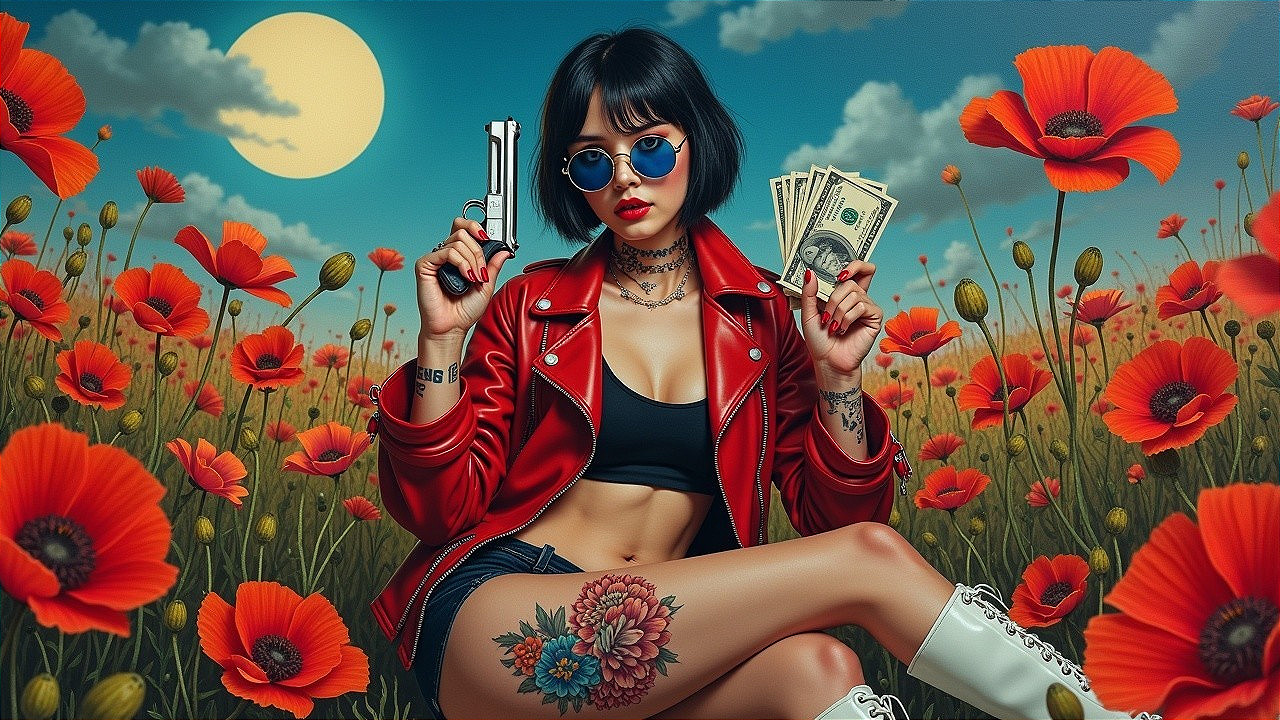 Confident Woman in Poppy Field with Gun and Money