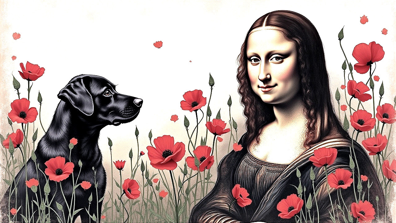 Reimagined Mona Lisa with Dog and Poppy Flowers