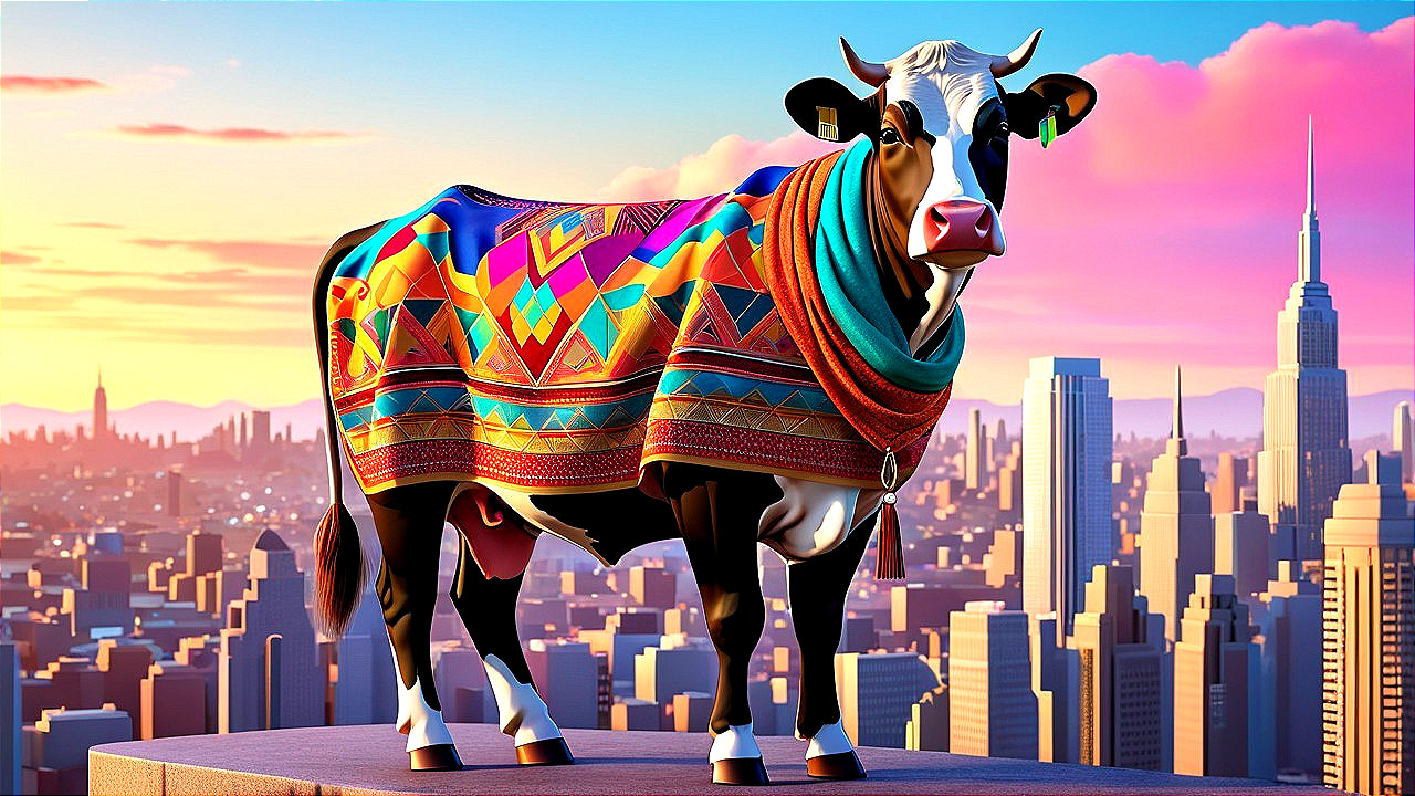 Cartoon Cow on City Skyline at Sunset with Blanket
