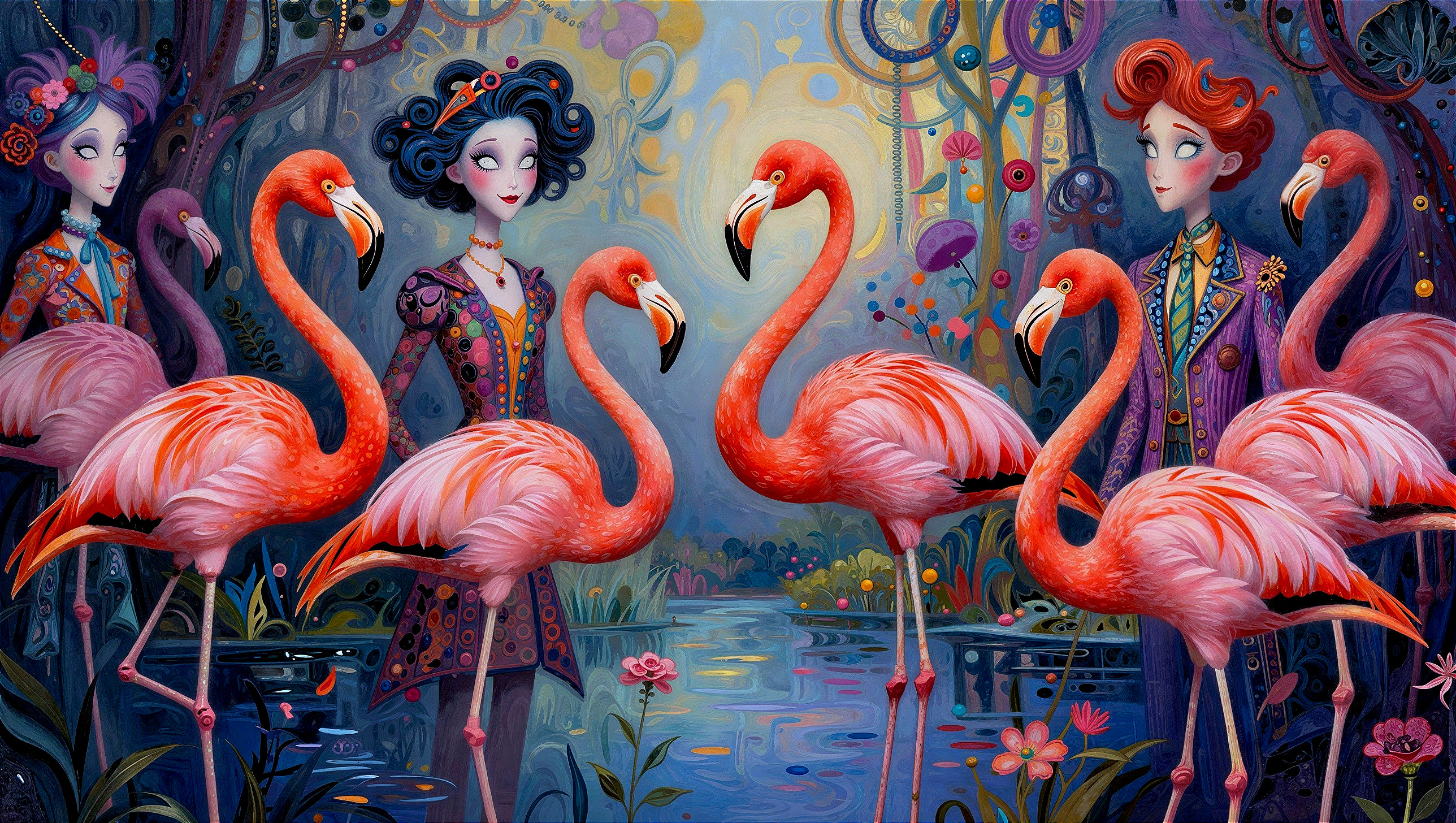 Victorian-Inspired Artwork with Women and Flamingos