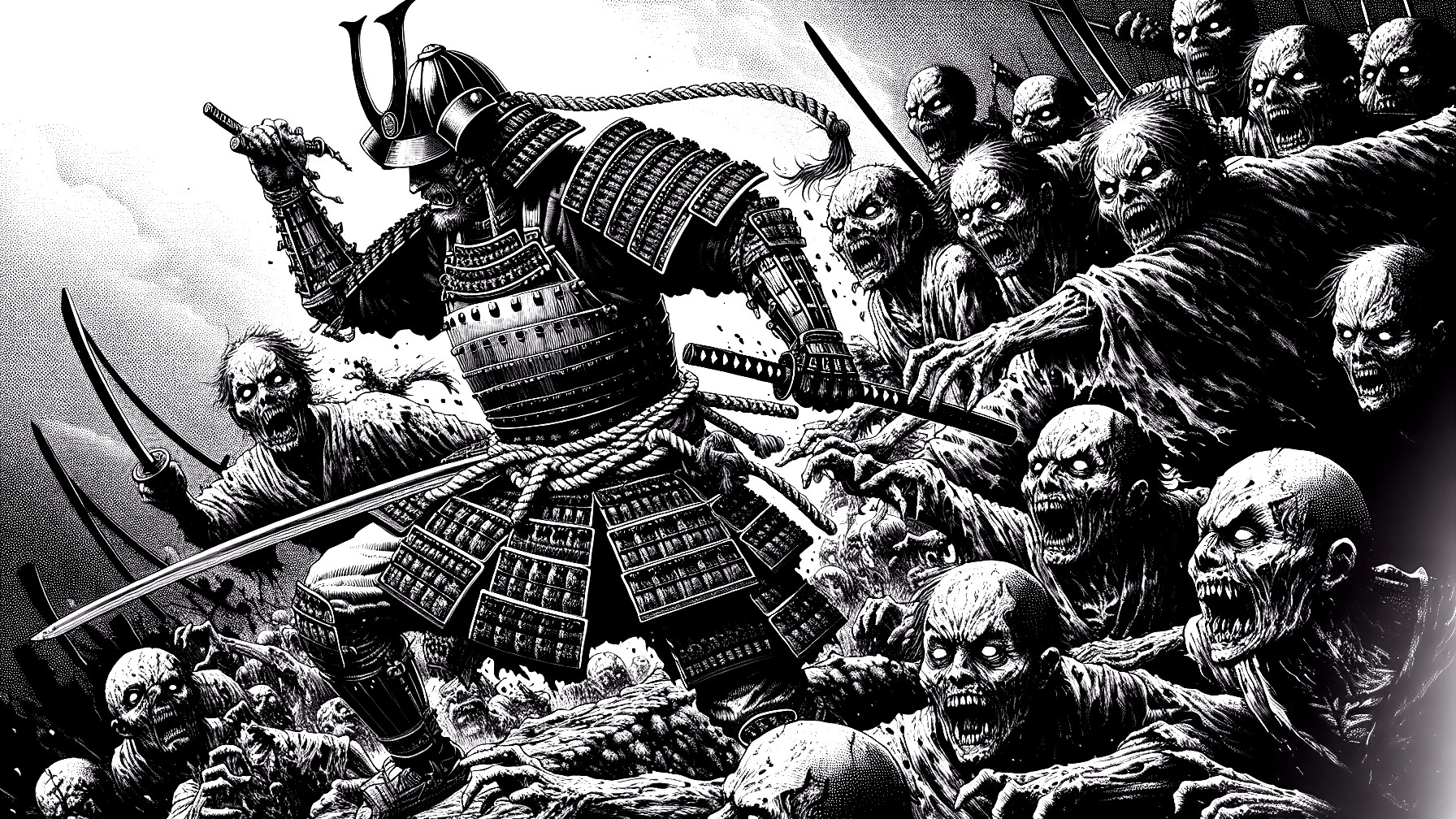 Samurai in Armor Faces Undead Horde in Dark Scene