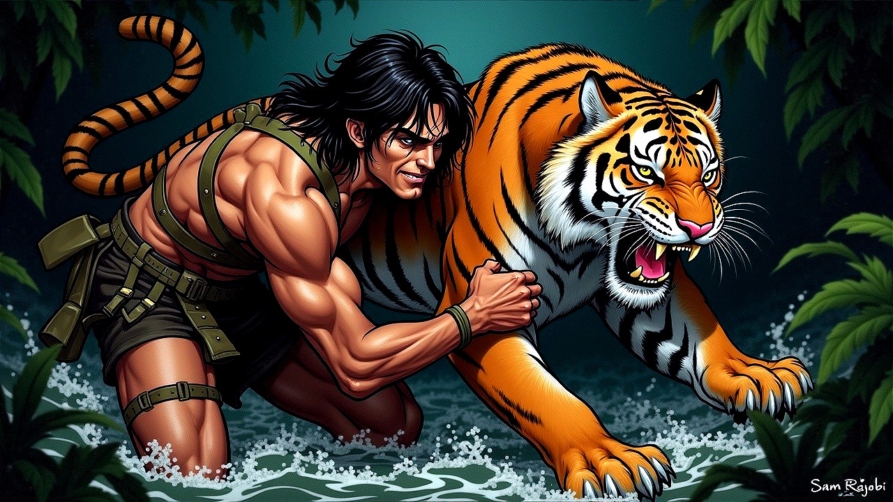 Muscular Man and Tiger in a Jungle Setting