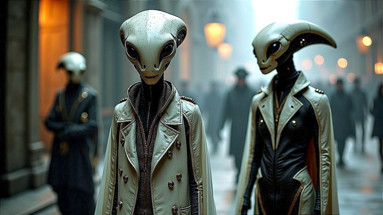 Elegant Aliens in a Dimly Lit Alley Scene