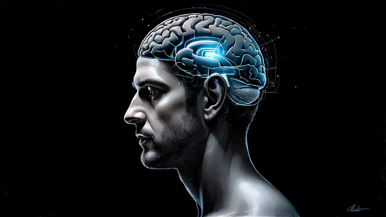 Side Profile of Human Head with Glowing Brain Outline